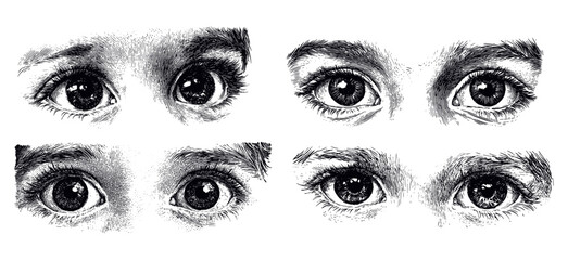 Wall Mural - Childrens Eyes Detailed Vintage Engraving Illustration on White Background with Intricate Texture Classic Portrait Art Antique Style Innocent Expressions Graphic Vintage Emotional