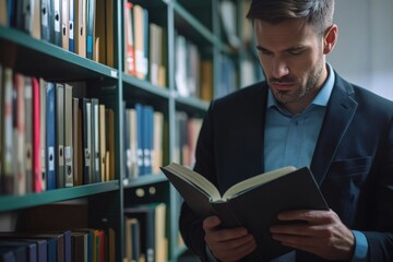 Poster - a person sitting in a library, reading a book with a focused expression