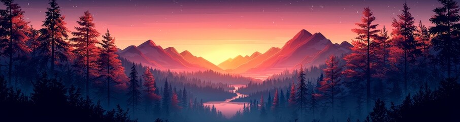 Sticker - An outdoor adventure illustration set in the evening, with a sunset sky, mountains, and a lake. The design captures a sunny summer valley bathed in magical pink and orange tones.