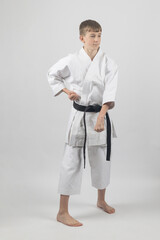 Wall Mural - Fifteen year old male teenage karate black belt doing a groin block, studio shot against a white background