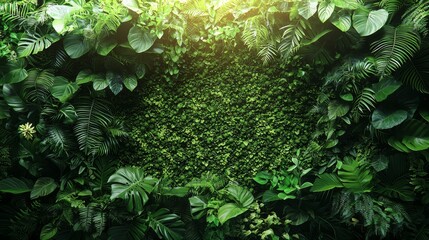 Poster - Lush Green Forest Background with Vibrant Leaves and Bright Sunlight Illuminating Natural Flora Texture