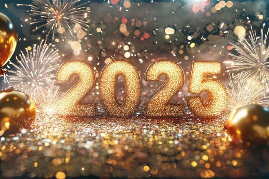 Design a vibrant and celebratory 'Happy New Year 2025' banner, with bold, glowing 3D text surrounded by fireworks exploding in a night sky.
