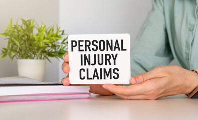 Business quotes, PERSONAL INJURY CLAIMS on notebook or paper in hand and office desk, office workplace