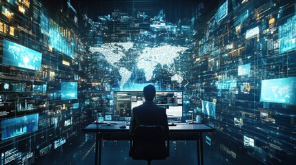Poster - Digital workspace showcasing professionals exchanging data and customer service globally