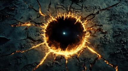 Poster - Dynamic black hole bursting through a textured black surface, sharp cracks with glowing light spilling out