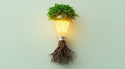 Wall Mural - A creative lightbulb design featuring lush green plants and roots, symbolizing sustainability and eco-friendliness.