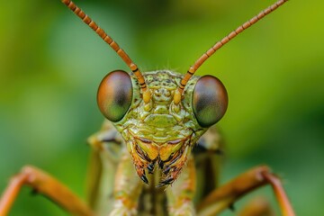 A detailed view of a praying mantis' face, ideal for use in biology or insect-related content