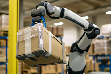 Poster - Robot arm lifting a box in a modern warehouse setting