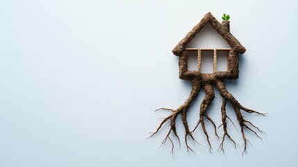 Sticker - A unique artistic representation of a house made from branches and roots, symbolizing growth and connection with nature, on a soft blue background.