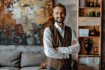 Sticker - Portrait of a happy man in his 40s dressed in a polished vest isolated in modern minimalist interior