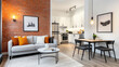 © Sunday Cat Studio - Modern living room with brick wall featuring stylish furniture, artistic decor, and a cozy dining area, perfect for contemporary aesthetics.
