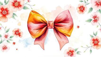 Watercolor artwork featuring a decorative bow on a white background with floral patterns, watercolor, design element, bow