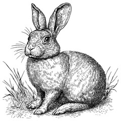 Wall Mural - Rabbit Sitting in the Grass Detailed Vintage Engraving Illustration on White Background with Intricate Texture Classic Wildlife Art Antique Style Cute Animal Graphic Nature Design