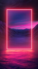 Poster - A vibrant neon frame illuminates a tranquil landscape, blending pink and purple hues with mountains and water, creating a surreal, dreamlike atmosphere.