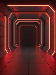 Poster - A futuristic hallway illuminated by glowing red neon lights, featuring sleek lines and a modern design, creating a captivating atmosphere.