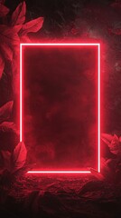 Poster - A glowing red neon frame is surrounded by dark foliage, creating an eerie yet captivating atmosphere.