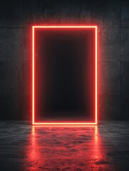 Aufkleber - A glowing neon rectangular frame against a dark textured wall, creating a striking contrast and an inviting, mysterious atmosphere.