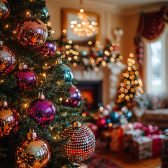 Wall Mural - beautifully decorated Christmas tree adorned with colorful ornaments, including shiny purple, gold, and blue baubles, creates warm and festive atmosphere in cozy living room filled with holiday