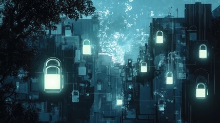 Fototapete - A conceptual infographic featuring layers of privacy and glowing security locks
