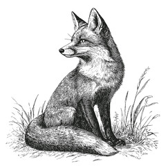 Wall Mural - Sitting Fox Detailed Vintage Engraving Illustration on White Background with Intricate Texture Classic Wildlife Art Antique Style Majestic Animal Graphic Vintage Nature Design