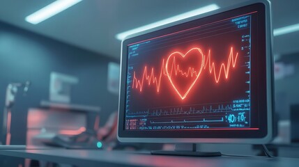 Poster - A digital monitor displaying a glowing heart rate graph in a clinic