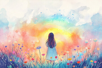 Wall Mural - Small girl stands back and looking to the rainbow. Positive thinking, good Mental health. Watercolor illustration with child and natural landscape with flowers. 