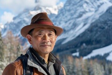 Wall Mural - Portrait of a content asian man in his 40s donning a classic fedora while standing against snowy mountain range