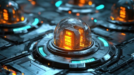 Poster - A glowing data lock surrounded by protective shields in a futuristic design