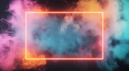 Poster - A rectangular neon frame on a dark background, surrounded by colorful smoke. Background with place for text