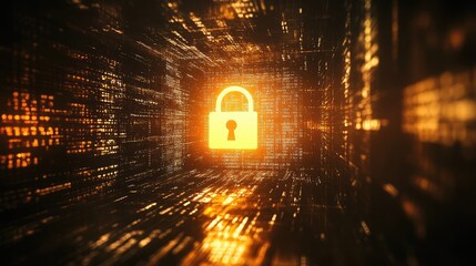 Poster - A glowing padlock hovering above a digital screen filled with encrypted text