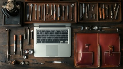 Poster - A healthcare professionala??s workspace with a laptop and medical instruments