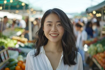 Canvas Print - Portrait of a joyful asian woman in her 20s wearing a classic white shirt on bustling farmer's market