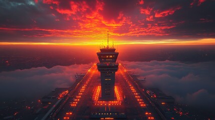 Wall Mural - Breathtaking Aerial View of Airport Tower at Sunset with Colorful Clouds and Fog Covering the Ground, Illuminated Runways and Dramatic Sky