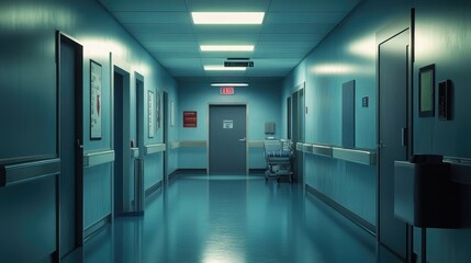 Poster - A modern hospital hallway with bright lights and clinical signage