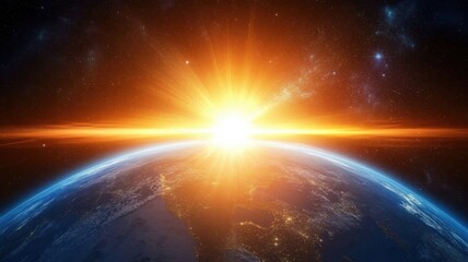 Wall Mural - planet earth rotating in space with sun shining from behind with sunrise behind the planet, backgrou