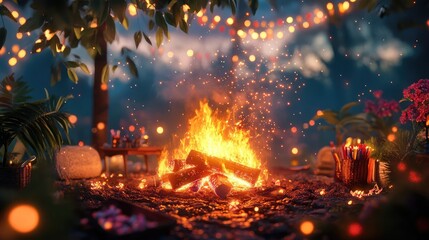 Poster - A radiant scene of a glowing bonfire surrounded by festive party decor