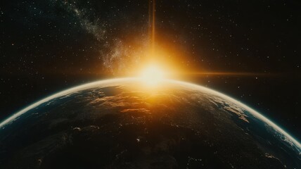 planet earth rotating in space with sun shining from behind with sunrise behind the planet, backgrou