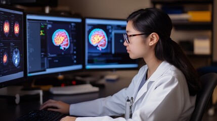Poster - researcher analyzes brain scans on multiple monitors in a laboratory at a university during the even