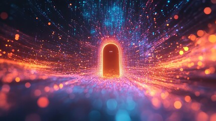 Poster - A stylized keyhole glowing with vibrant colors over a digital network