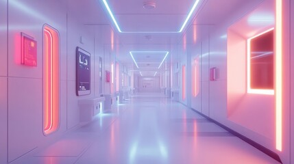 Poster - A clean hospital corridor with bright lights and medical signage