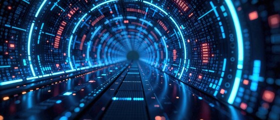 Abstract Digital Tunnel Binary Code Glowing Blue Light Tech Background