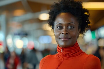 Sticker - Portrait of a satisfied afro-american woman in her 40s showing off a lightweight base layer over busy airport terminal