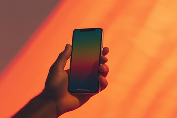 A hand holding an smartPhone with the screen facing forward, against a gradient background of orange and teal hues