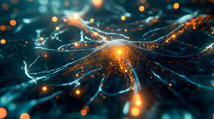 Poster - Glowing Neural Network with Sparkling Connections and Vibrant Light Effects in Abstract Technology Background