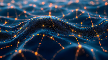 Poster - Abstract digital landscape with glowing points, flowing lines, and rich textures creating a mesmerizing depth and motion in a dark background