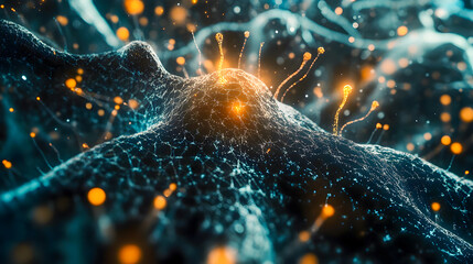 Poster - Microbial Life and Cellular Interaction in Blue and Orange Illumination, Close-Up View of Cosmic Bacteria with Glowing Effects