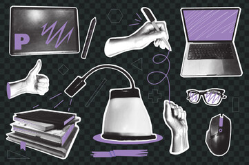 Aufkleber - Trendy vintage collage conception with symbols set. Halftone collection with gesturing hands, laptop, graphic tablet, books, glasses, lamp, computer mouse in retro pop art style. Vector illustration.