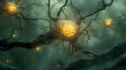 Poster - Ethereal Glow of Neurons in an Abstract Organic Landscape with Intricate Branching and Mystical Illumination in a Dreamlike Atmosphere