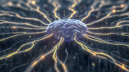 Poster - Abstract Digital Illustration of a Brain with Neural Connections Representing Technology, Intelligence, and Data Processing Visuals