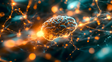 Poster - Stunning Digital Visualization of Human Brain with Glowing Neural Connections Against Abstract Background